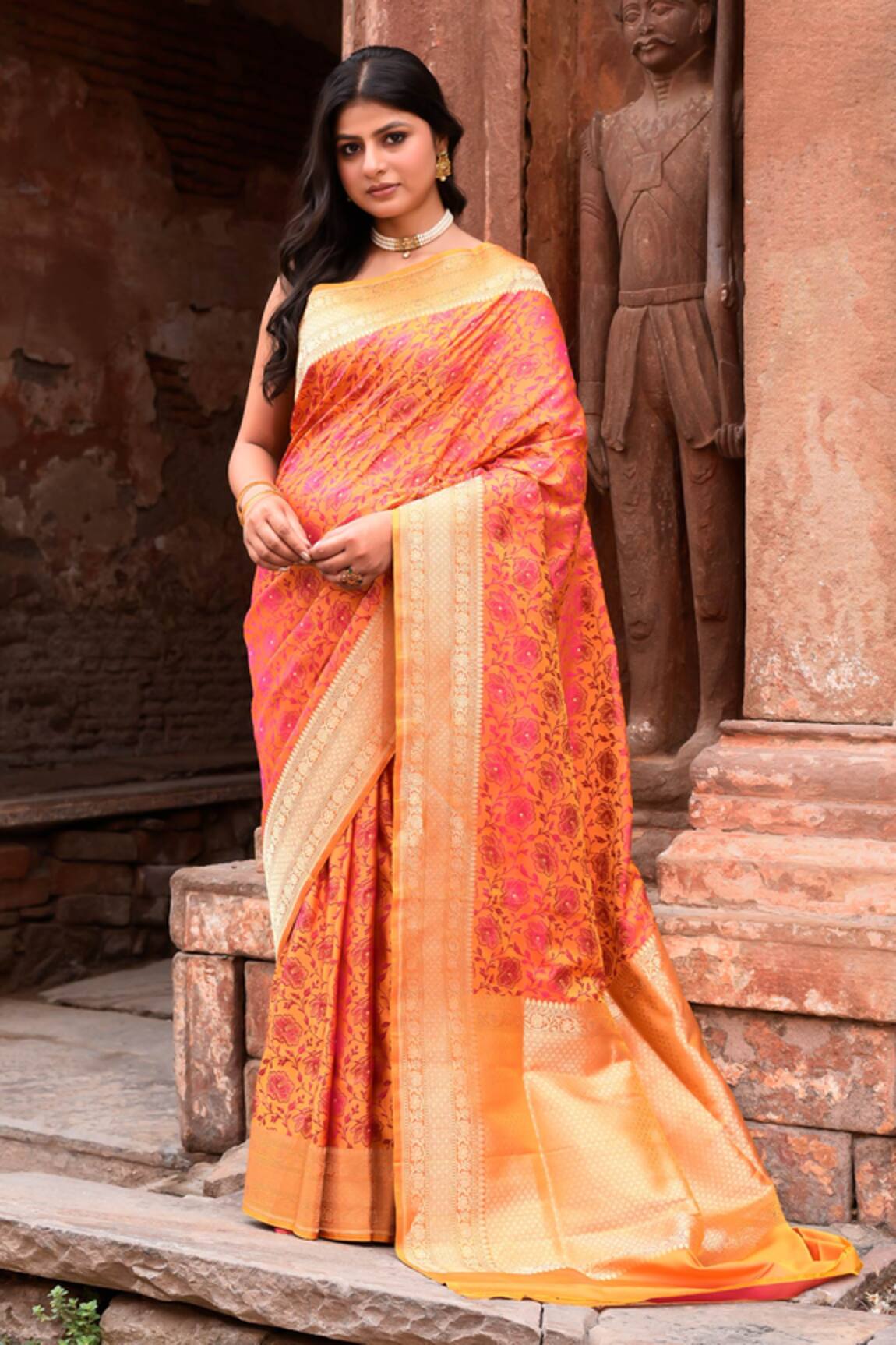 Naaritva India Handwoven Zari Work Orange Banarasi Saree With Running Blouse 