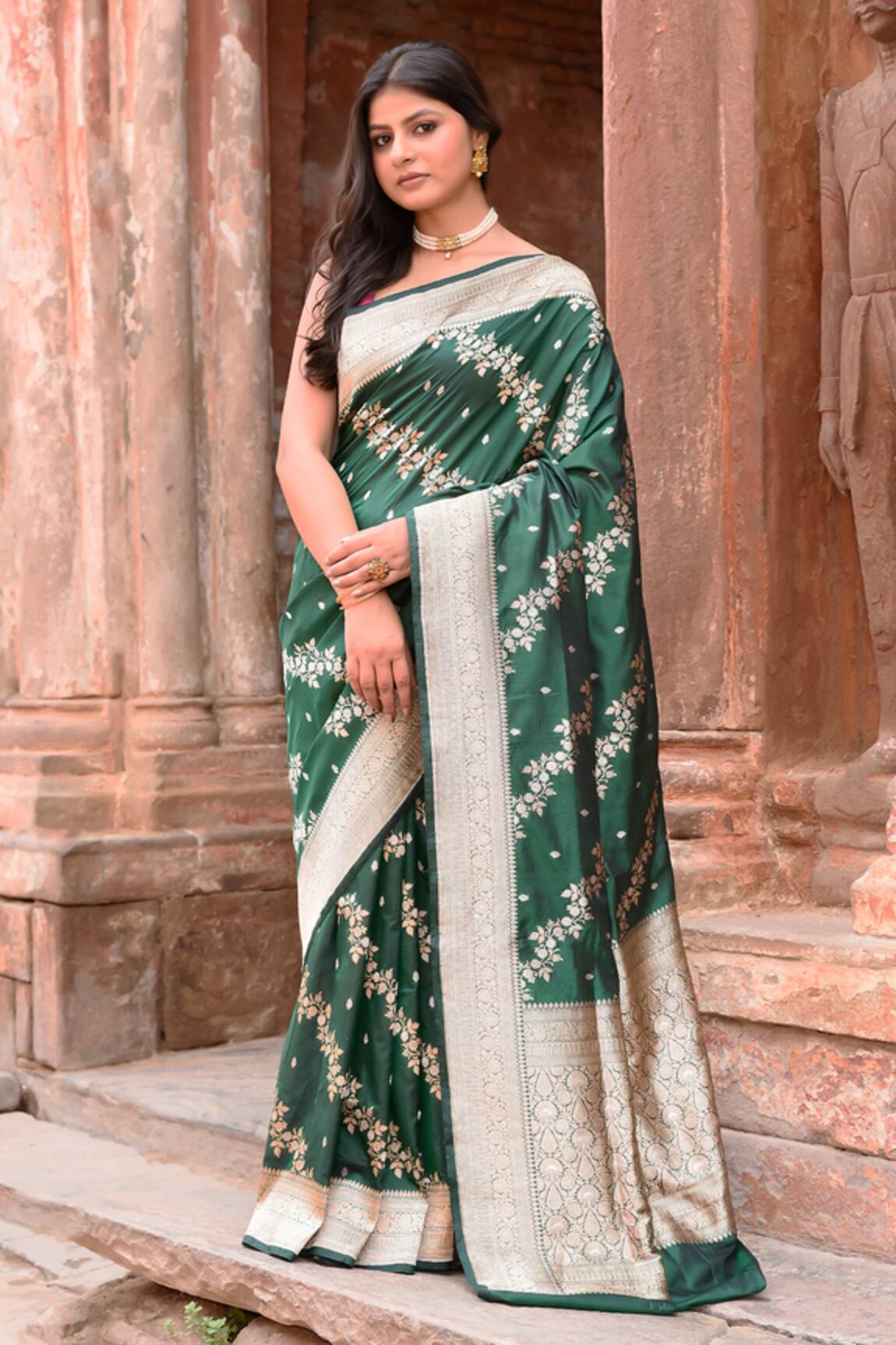 Naaritva India Emerald Green Handwoven Zari Banarasi Saree With Running Blouse 