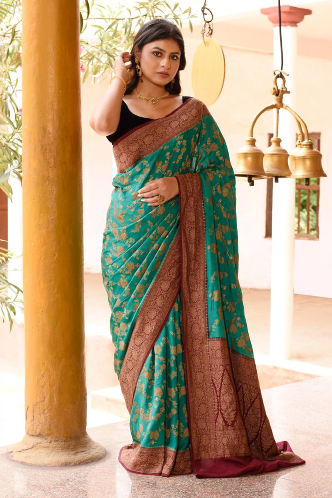 Naaritva India Teal Green Handwoven Banarasi Saree With Running Blouse 