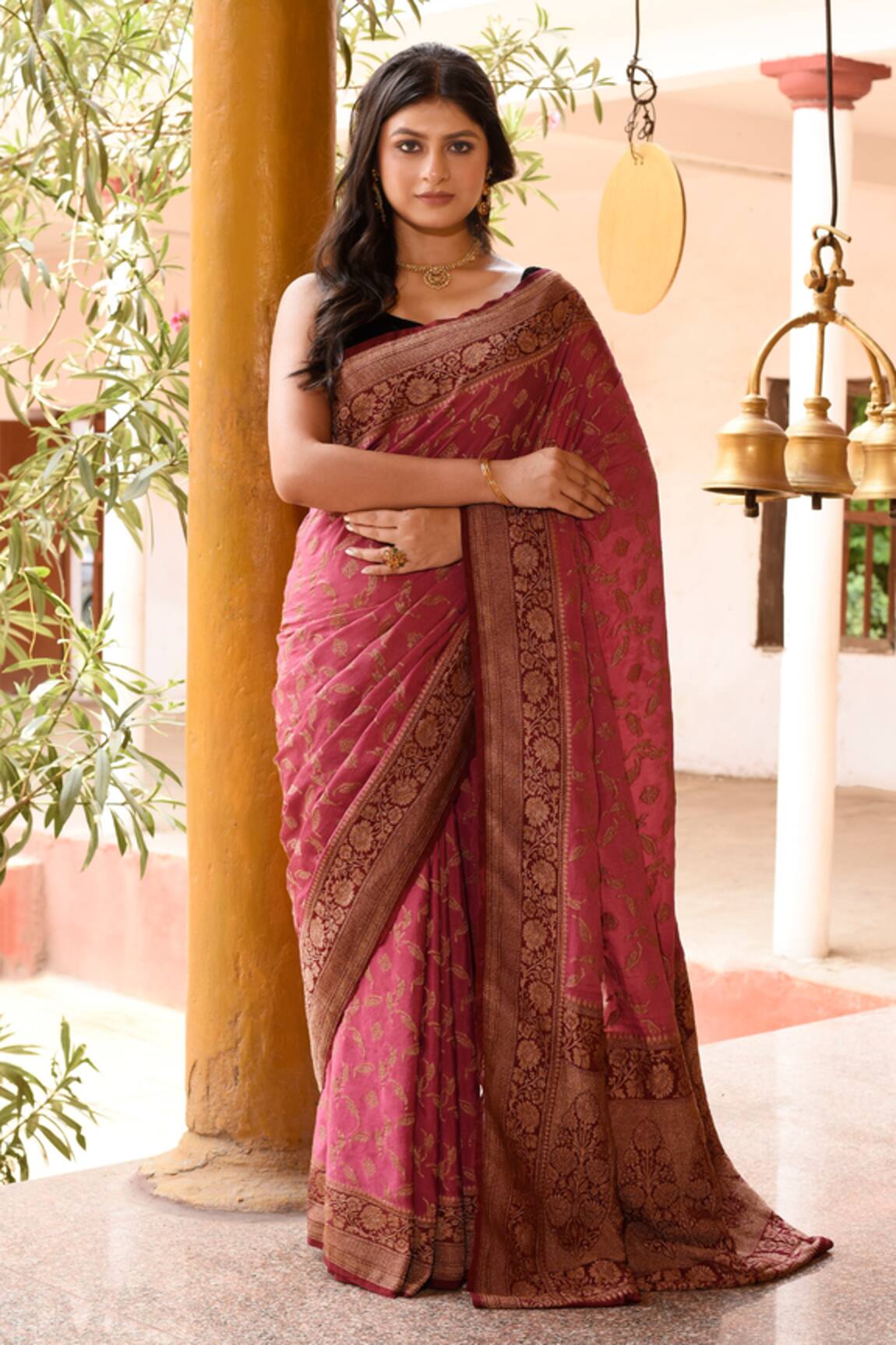 Naaritva India Handwoven Zari Dark Pink Banarasi Saree With Running Blouse 