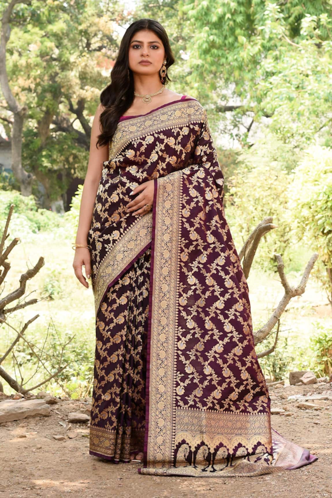 Naaritva India Plum Purple Handwoven Zari Banarasi Saree With Running Blouse 