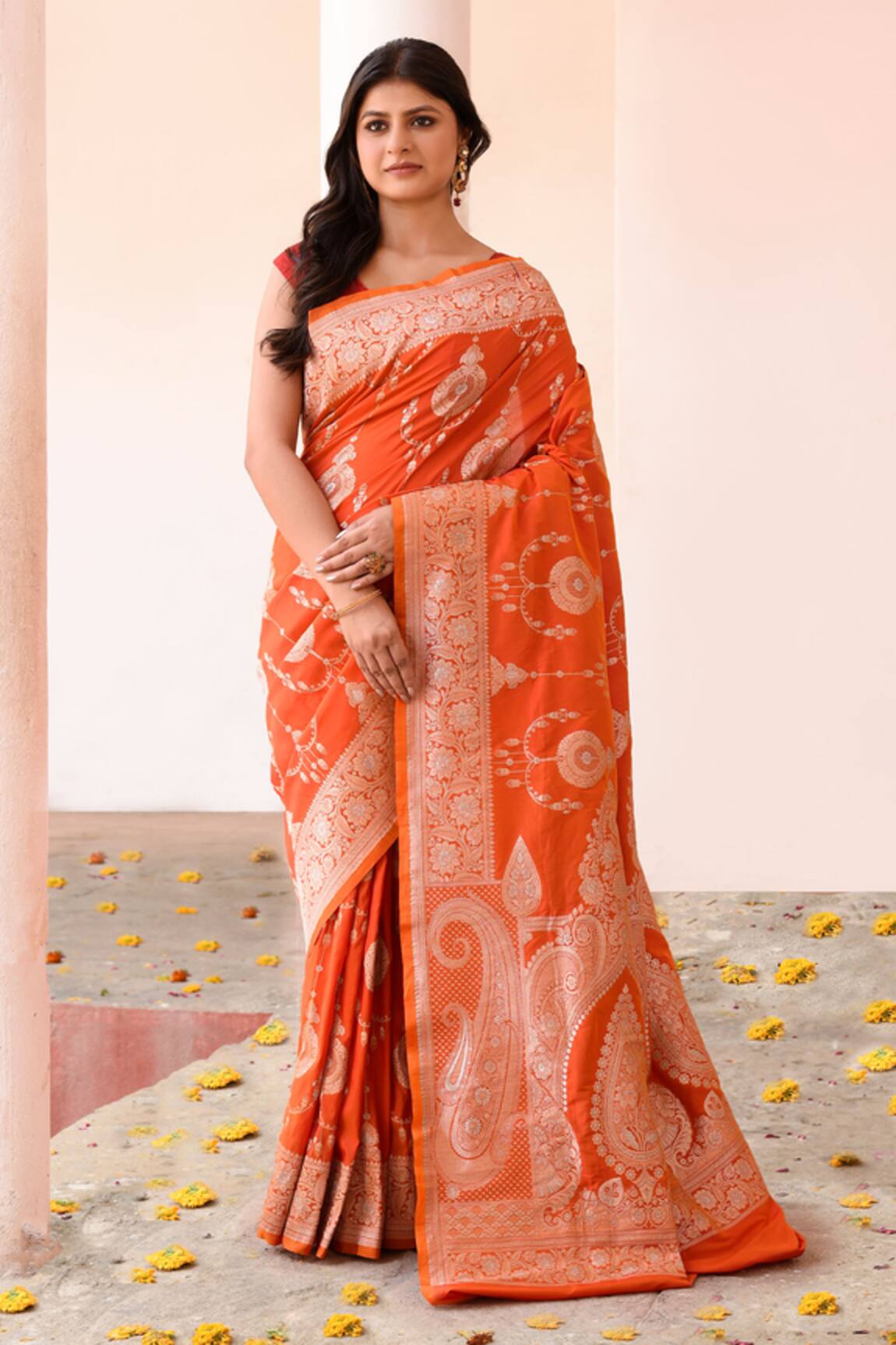 Naaritva India Handwoven Zari Work Orange Banarasi Saree With Running Blouse 