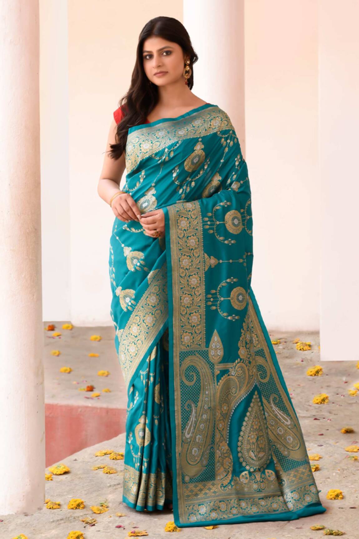 Naaritva India Teal Green Handwoven Zari Banarasi Saree With Running Blouse 