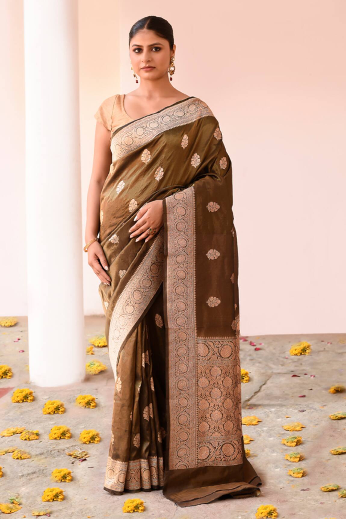 Naaritva India Handwoven Zari Work Olive Green Banarasi Saree With Running Blouse 
