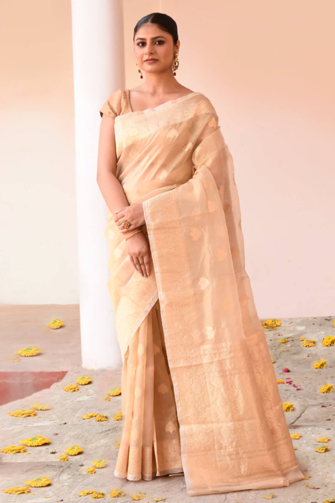 Naaritva India Gold Handwoven Banarasi Saree With Running Blouse 