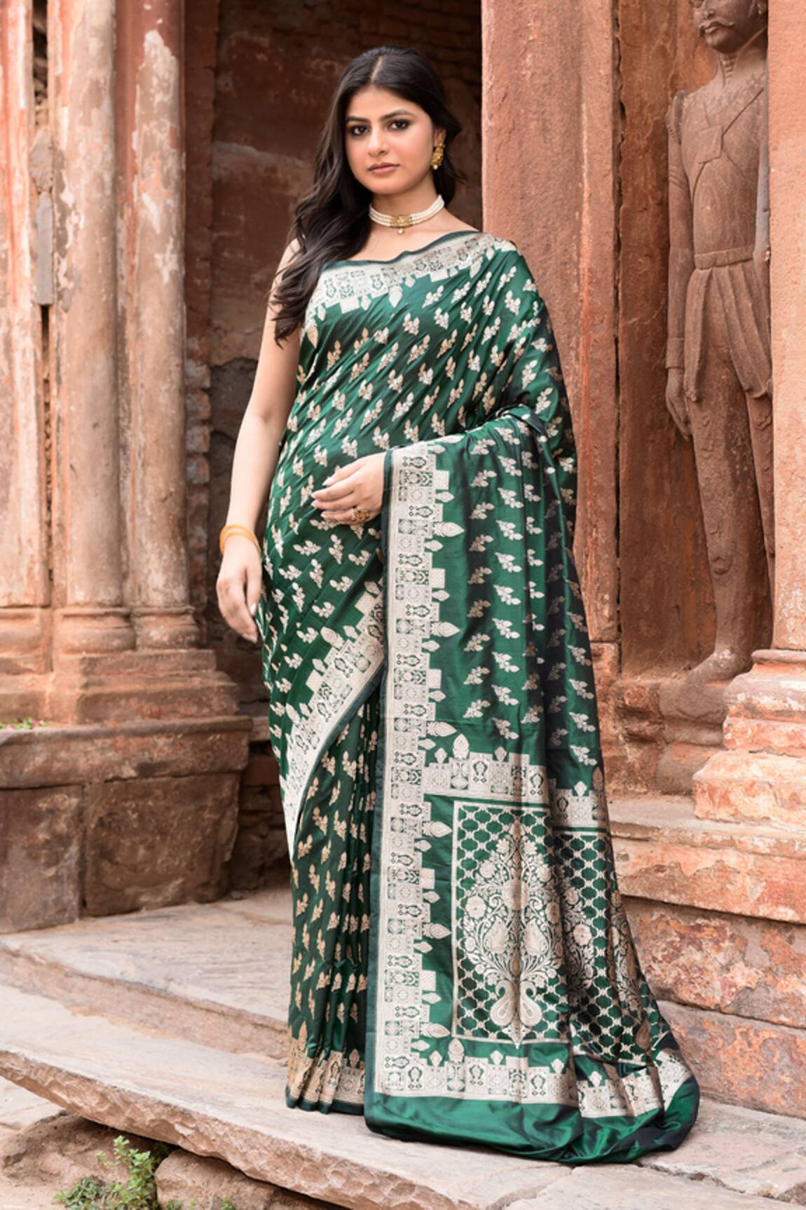 Naaritva India Emerald Green Handwoven Banarasi Saree With Running Blouse 