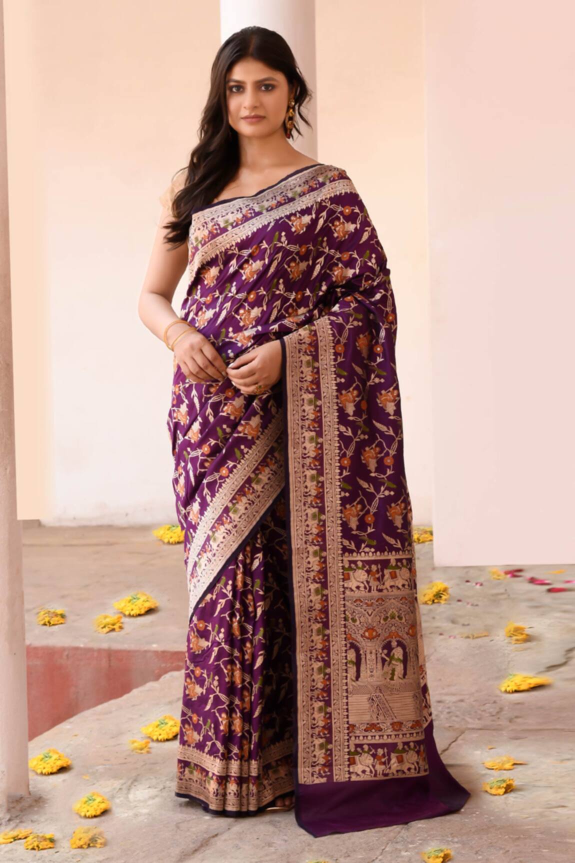 Naaritva India Handwoven Zari Work Purple Banarasi Saree With Running Blouse 