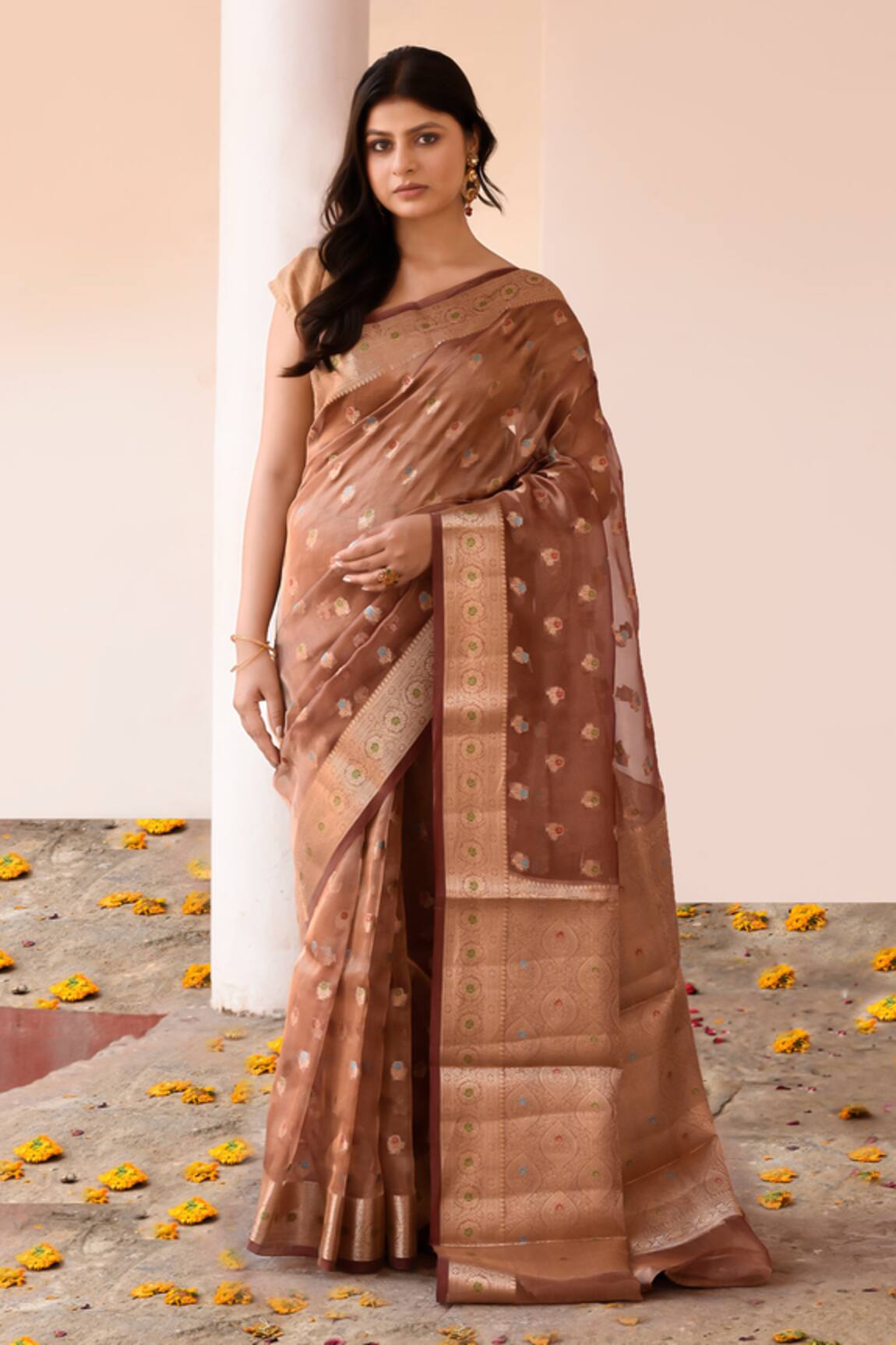 Naaritva India Handwoven Zari Copper Brown Banarasi Saree With Running Blouse 