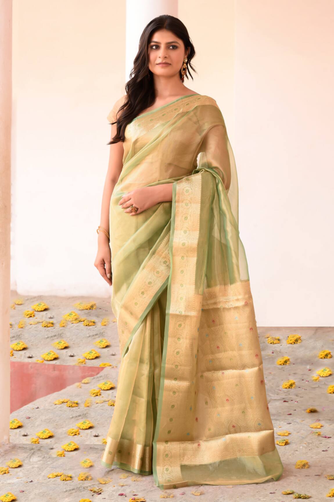 Naaritva India Handwoven Zari Banarasi Saree With Running Blouse 