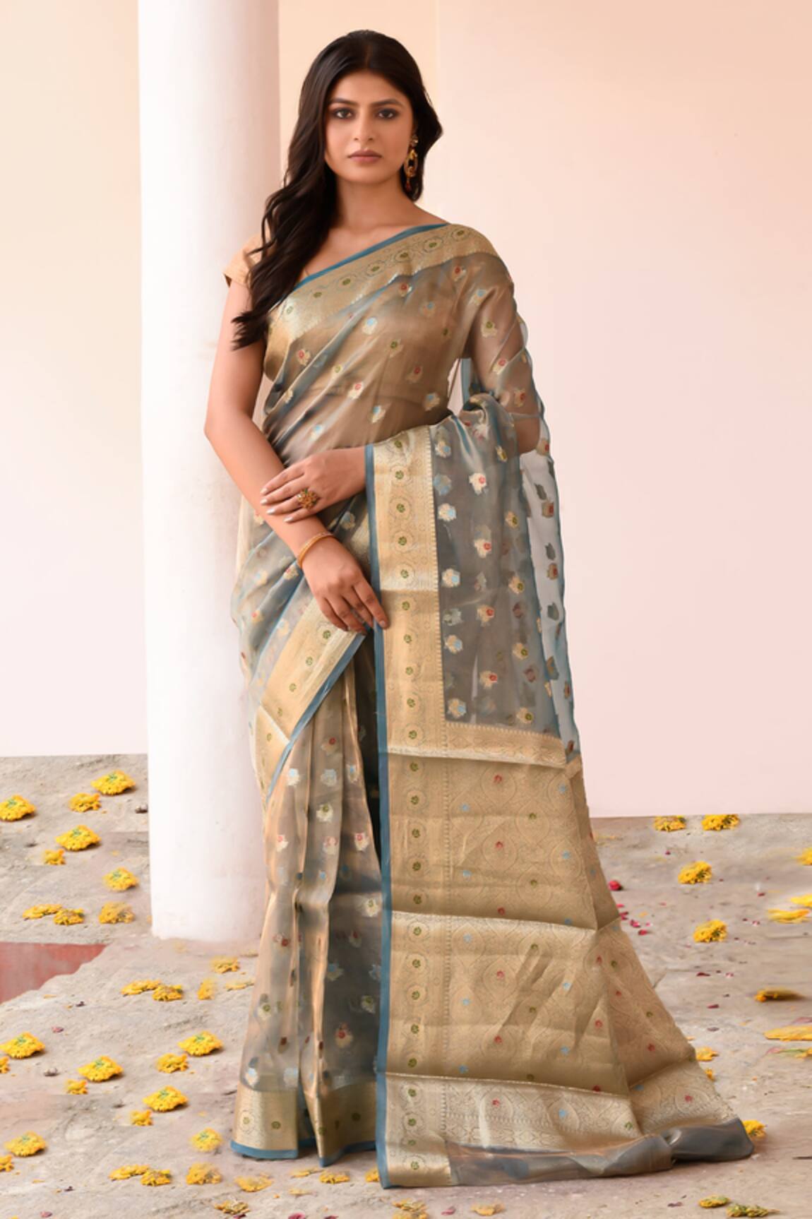 Naaritva India Handwoven Zari Grey Banarasi Saree With Running Blouse 