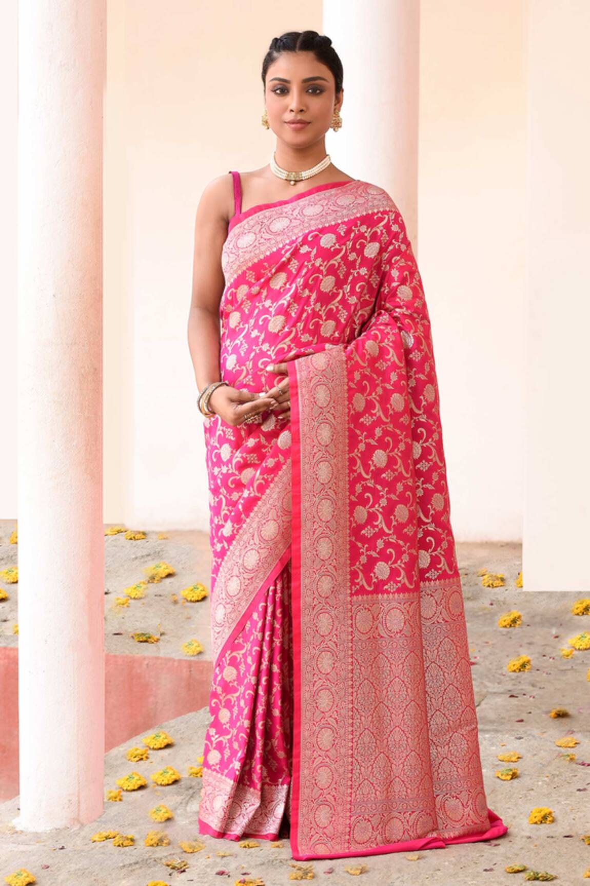 Naaritva India Handwoven Zari Work Hot Pink Banarasi Saree With Running Blouse 