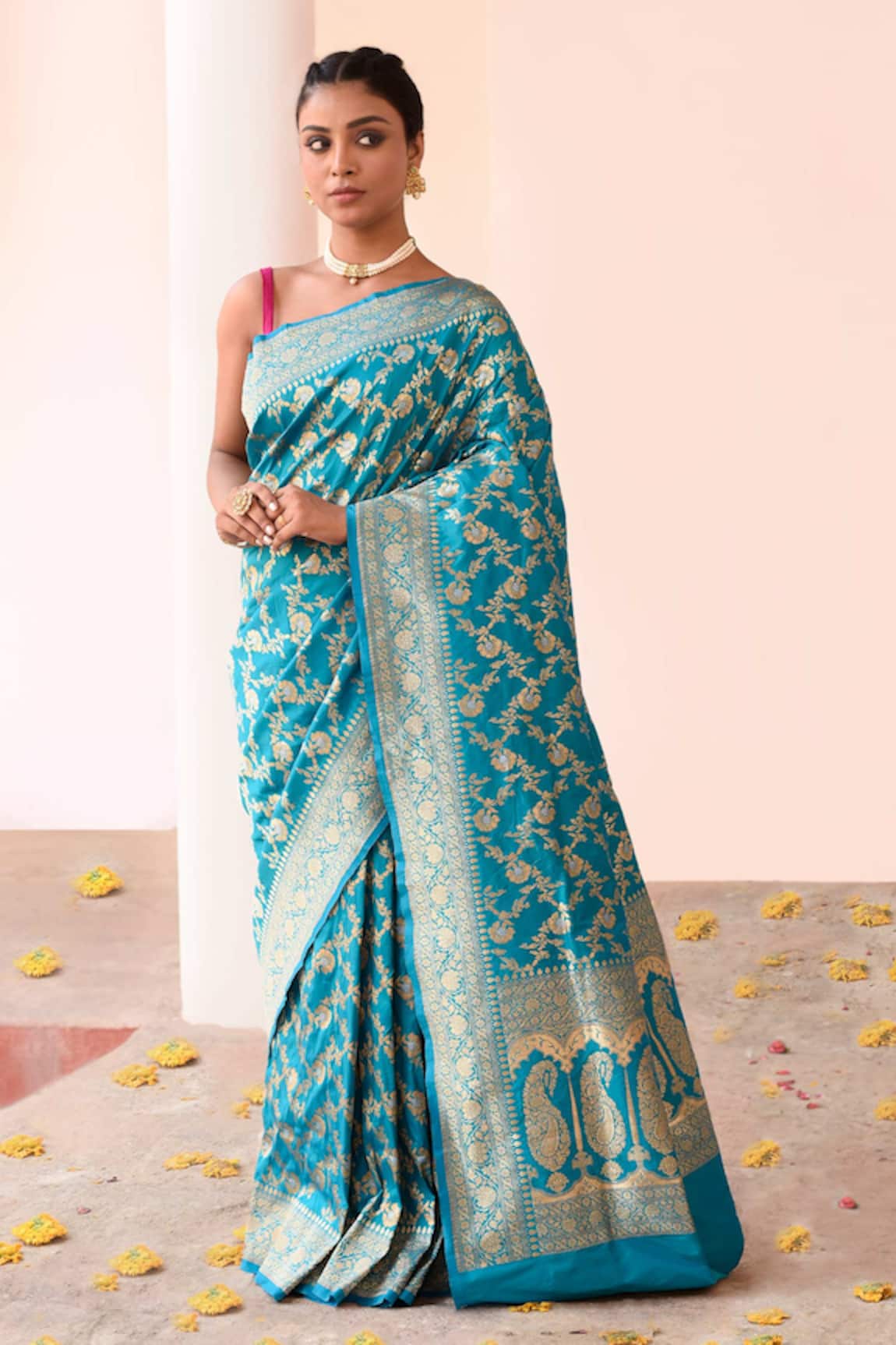 Naaritva India Aqua Blue Handwoven Zari Banarasi Saree With Running Blouse 