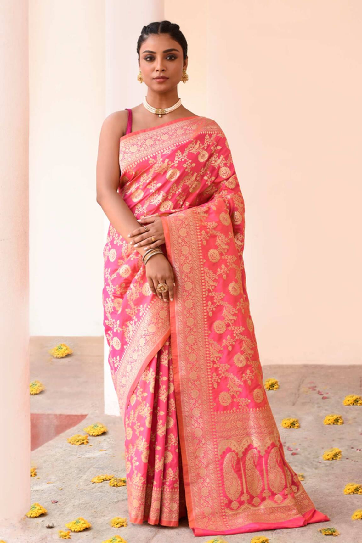 Naaritva India Pink Peach Banarasi Saree With Running Blouse 