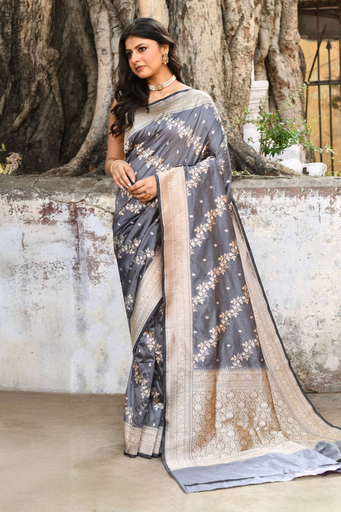 Naaritva India Handwoven Zari Work Silver Grey Banarasi Saree With Running Blouse 