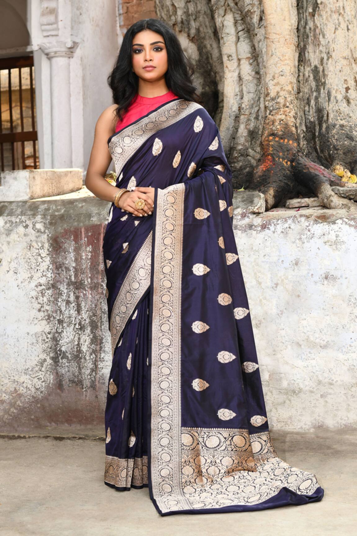 Naaritva India Handwoven Zari Work Navy Blue Banarasi Saree With Running Blouse 