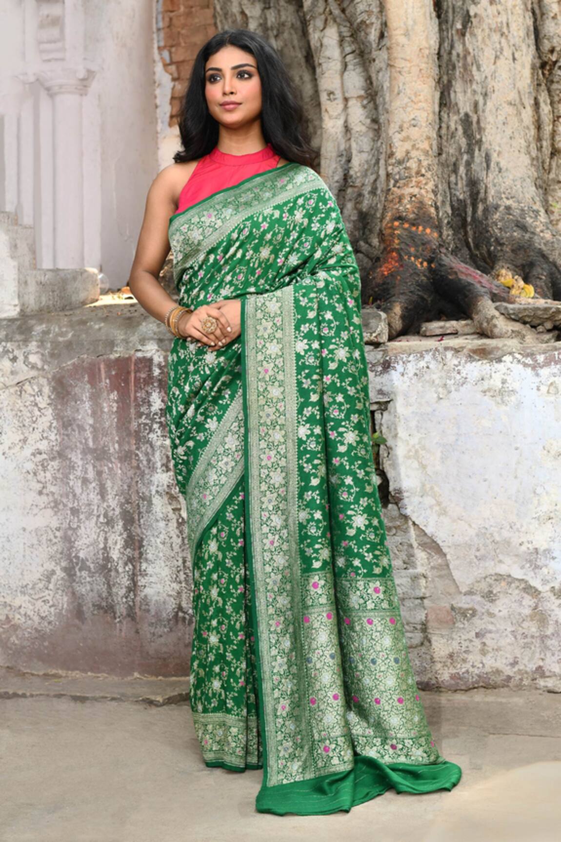 Naaritva India Green Handwoven Zari Banarasi Saree With Running Blouse 