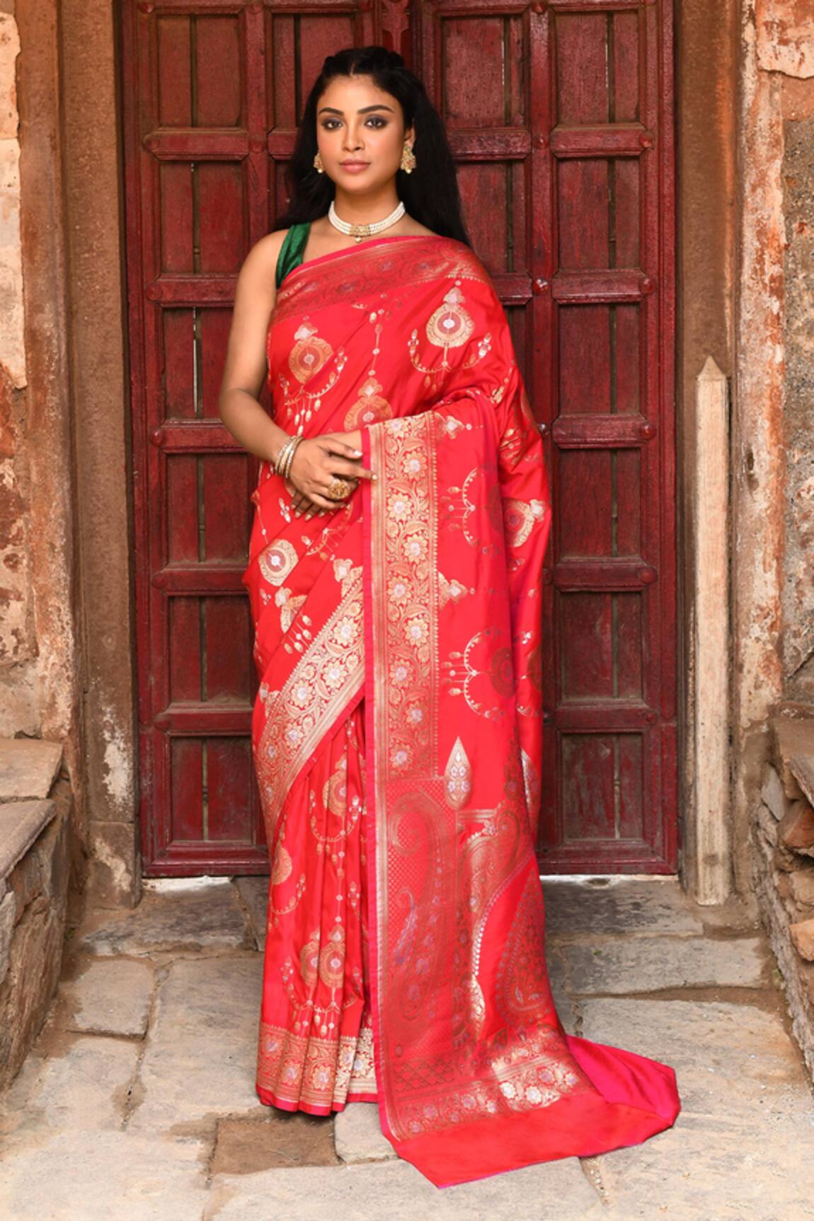 Naaritva India Red Handwoven Zari Banarasi Saree With Running Blouse 