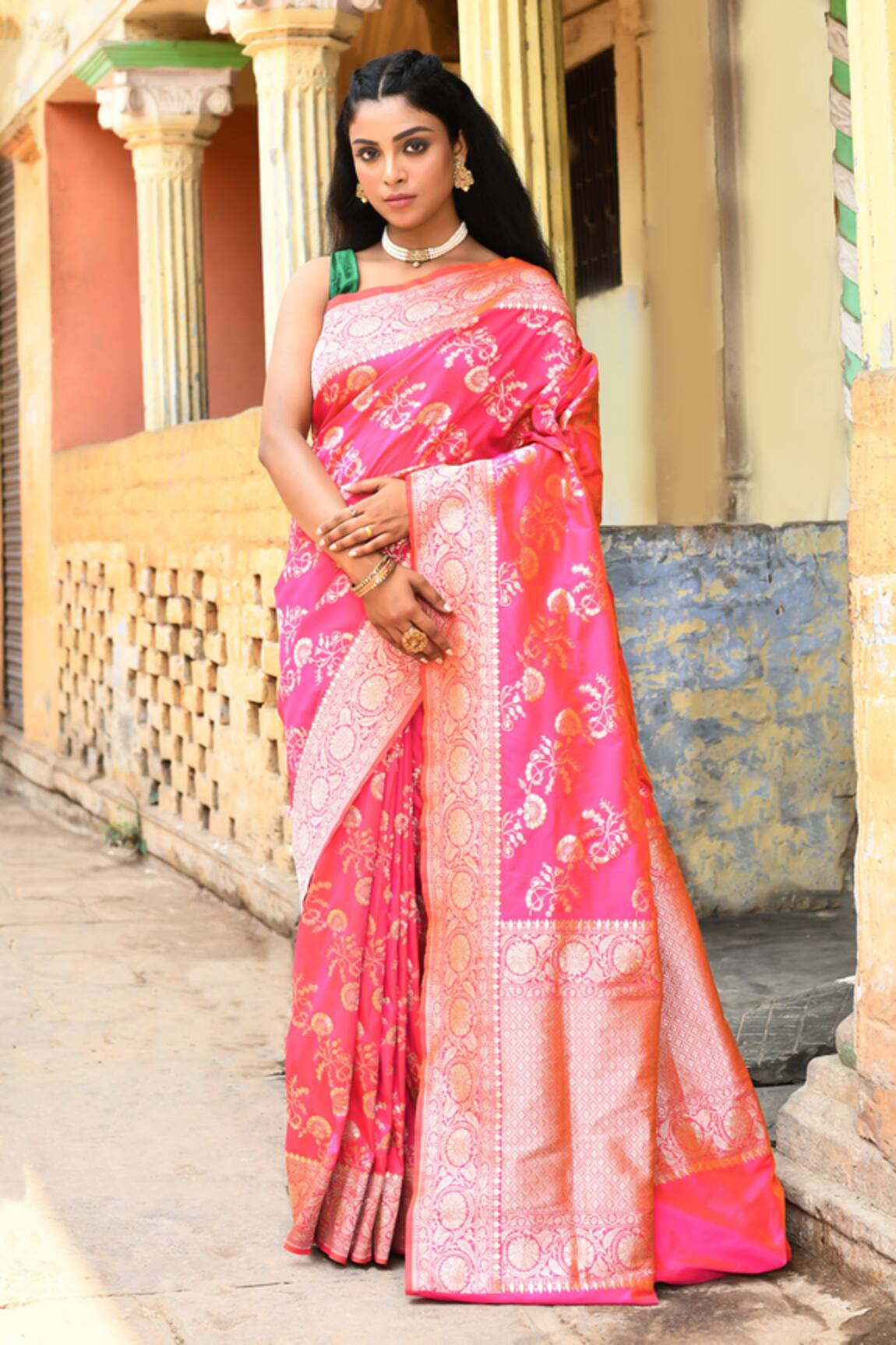 Naaritva India Handwoven Zari Pink Banarasi Saree With Running Blouse 