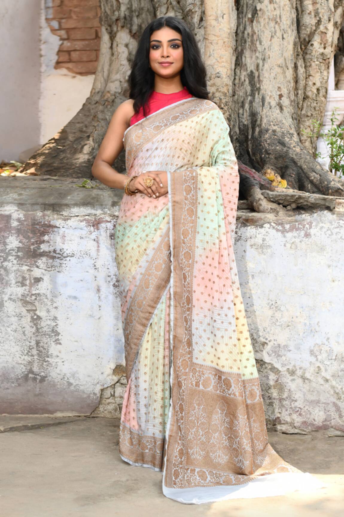 Naaritva India Handwoven Multi Color Zari Banarasi Saree With Running Blouse 