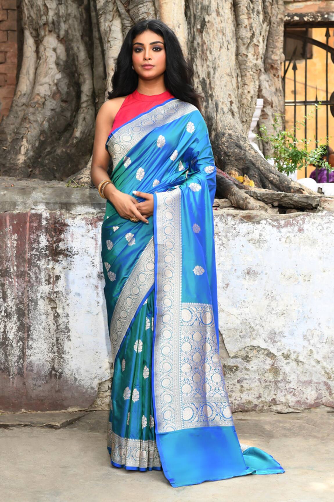 Naaritva India Handwoven Zari Work Blue Banarasi Saree With Running Blouse 