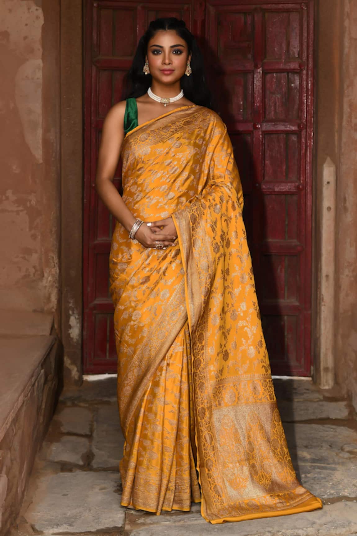 Naaritva India Handwoven Zari Work Gold Yellow Banarasi Saree With Running Blouse 