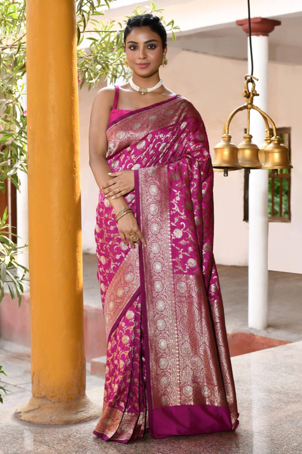 Naaritva India Handwoven Zari Work Hot Pink Banarasi Saree With Running Blouse 