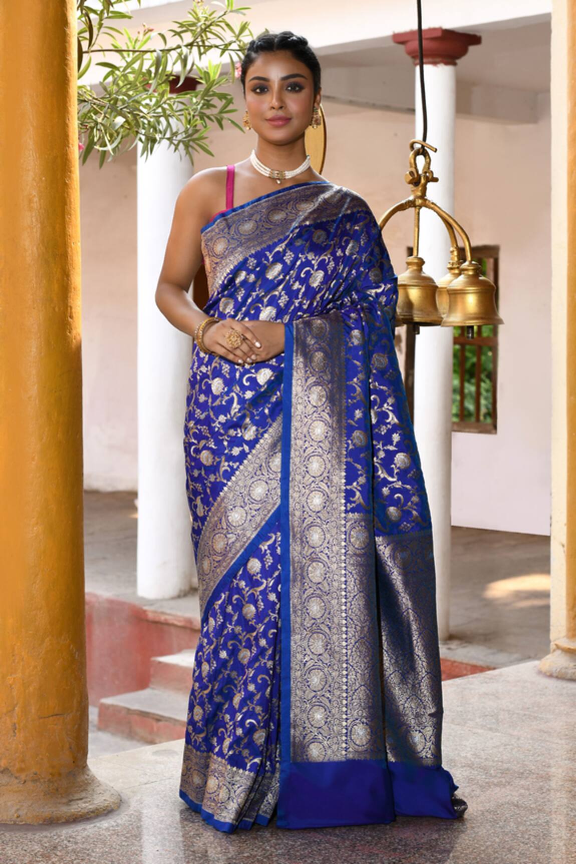 Naaritva India Handwoven Zari Blue Banarasi Saree With Running Blouse 