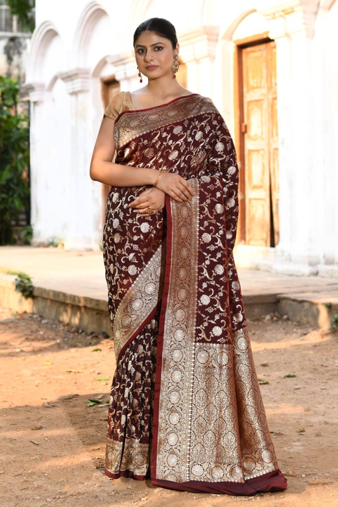 Naaritva India Handwoven Zari Coffee Brown Banarasi Saree With Running Blouse 