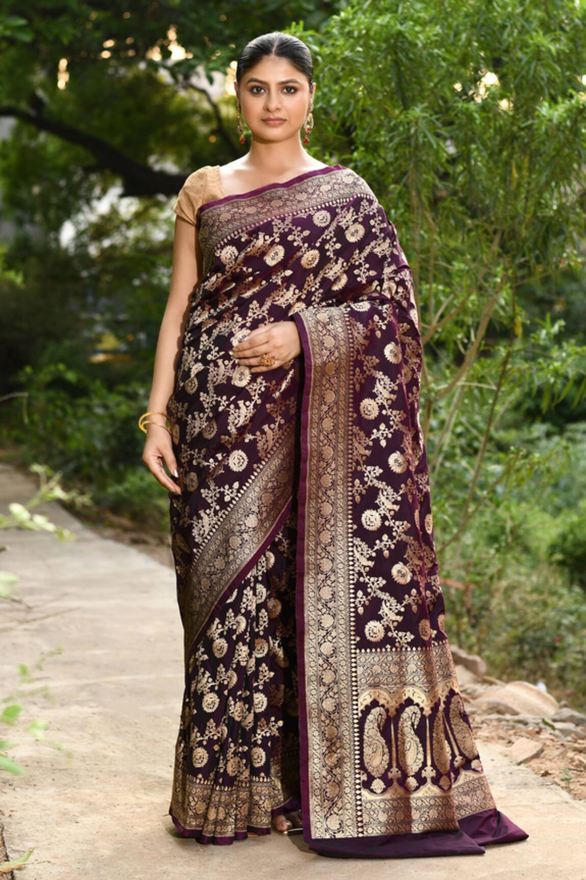 Naaritva India Wine Handwoven Zari Banarasi Saree With Running Blouse 