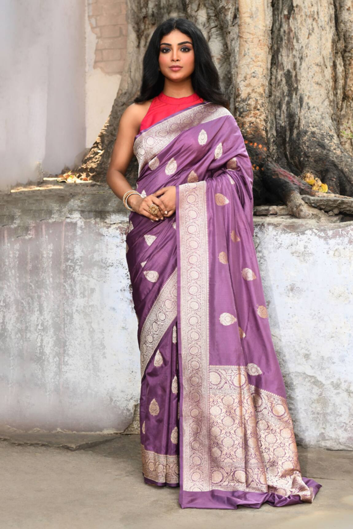 Naaritva India Purple Handwoven Zari Banarasi Saree With Running Blouse 