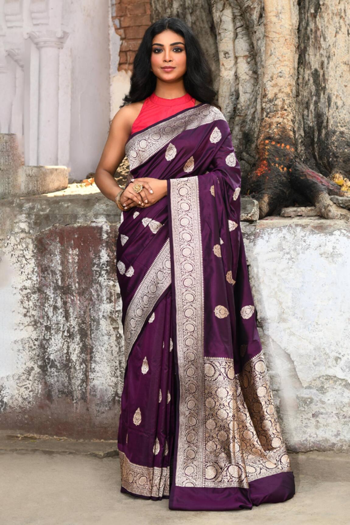 Naaritva India Purple Handwoven Zari Banarasi Saree With Running Blouse 