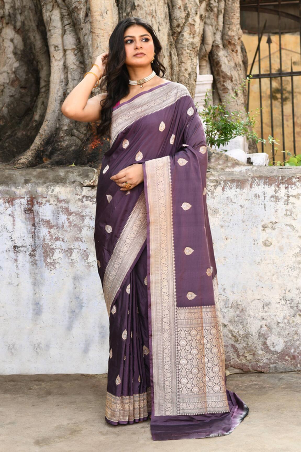Naaritva India Handwoven Zari Work Purple Banarasi Saree With Running Blouse 