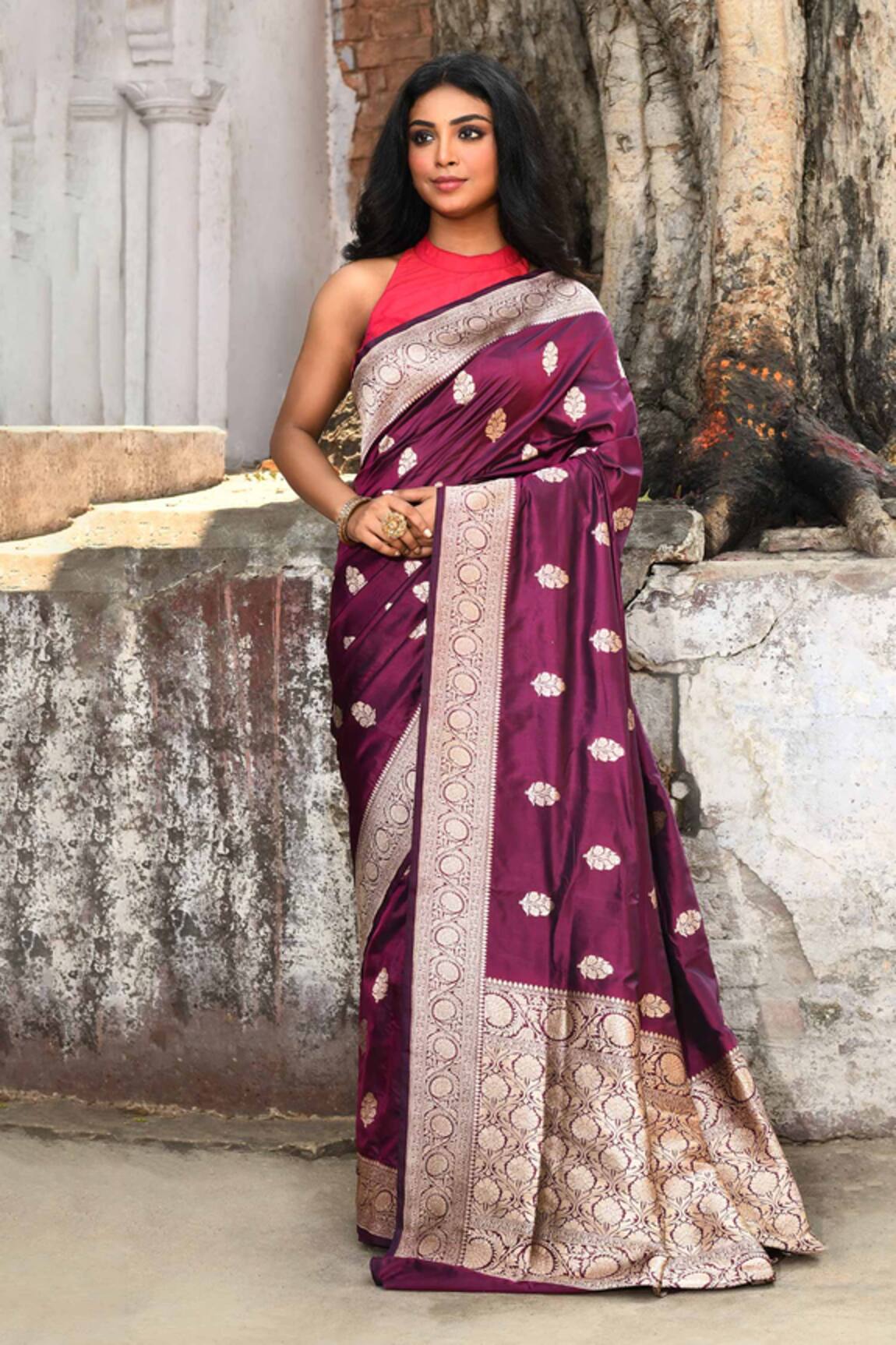 Naaritva India Handwoven Zari Work Purple Banarasi Saree With Running Blouse 
