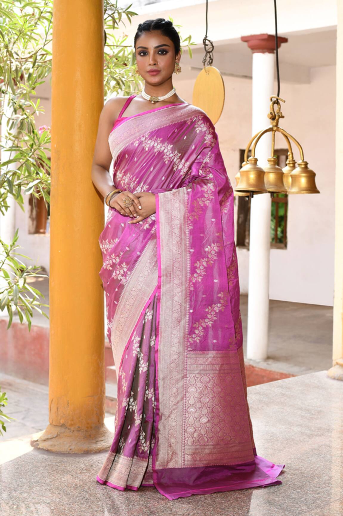 Naaritva India Handwoven Zari Work Pink Banarasi Saree With Running Blouse 