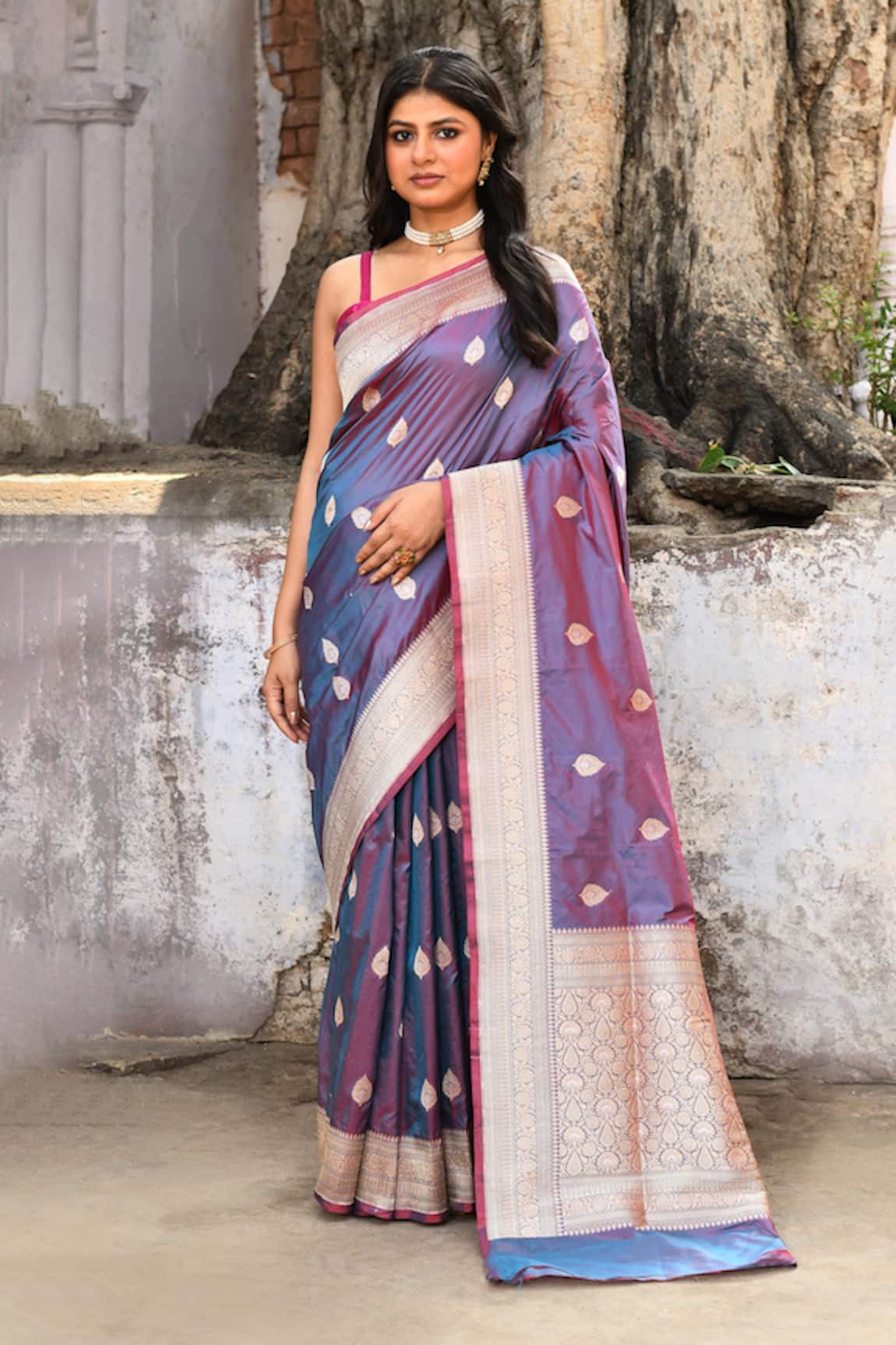 Naaritva India Handwoven Zari Work Purple Banarasi Saree With Running Blouse 