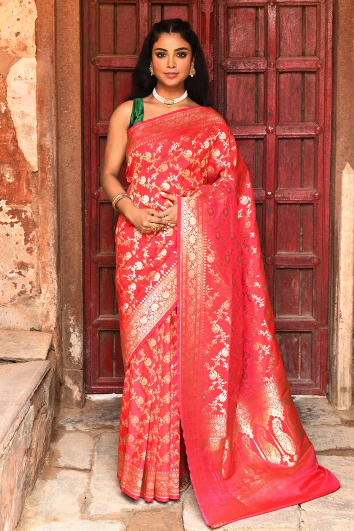 Naaritva India Handwoven Zari Red Banarasi Saree With Running Blouse 