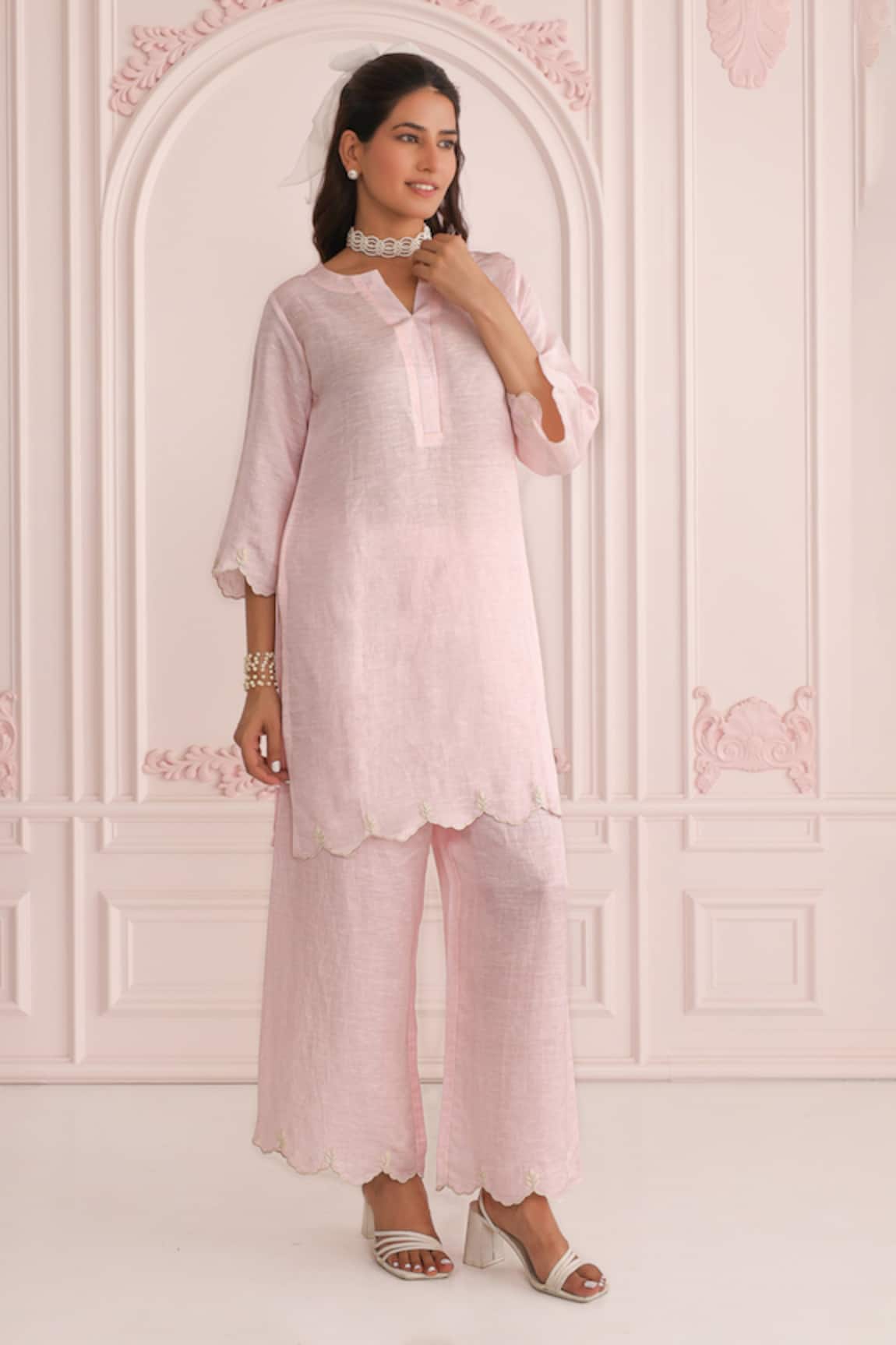 Charu Makkar Pink Linen Satin Kurta & Pant Set 