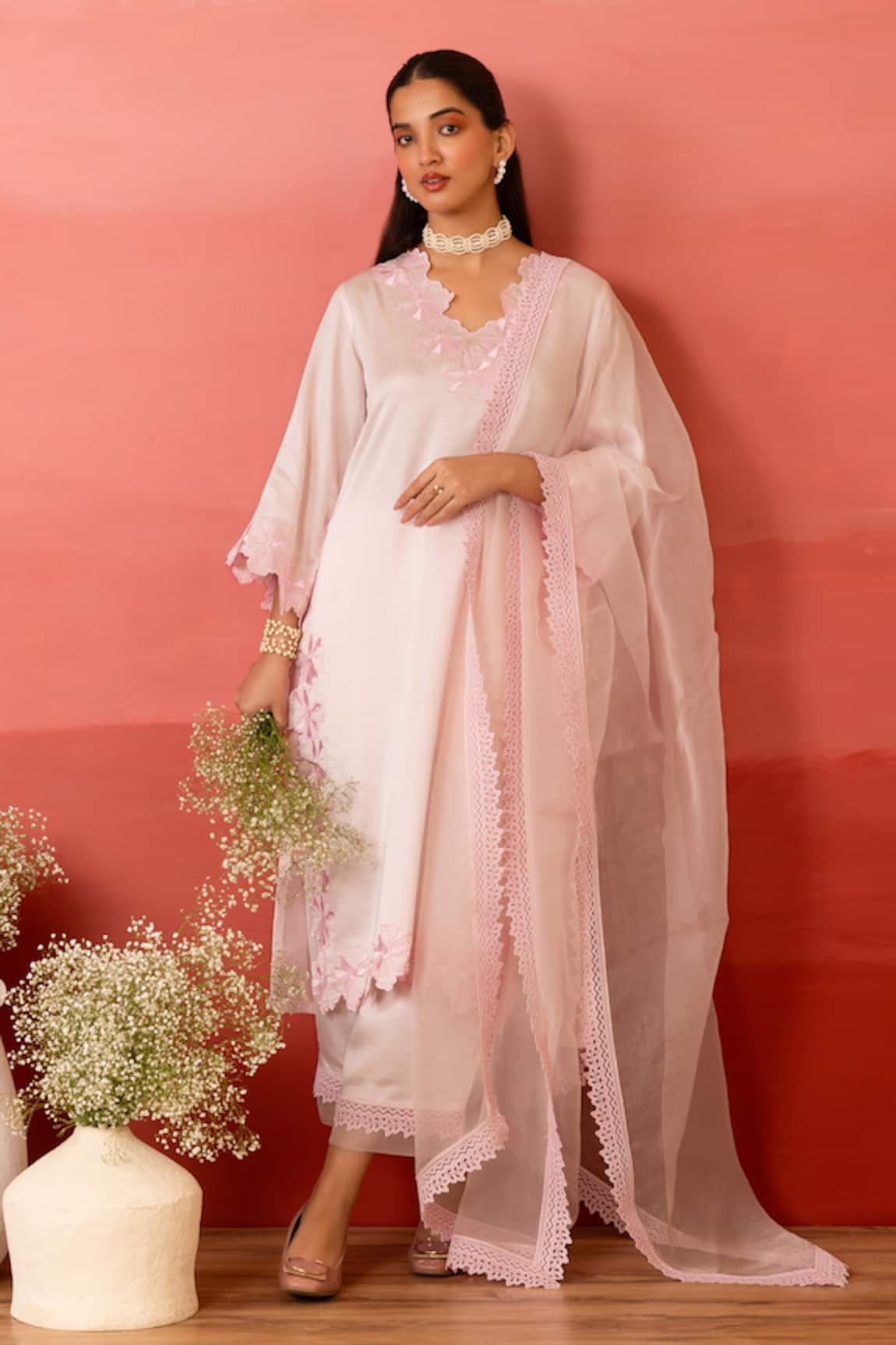 Charu Makkar Pink Rosette Embroidered Kurta Set 