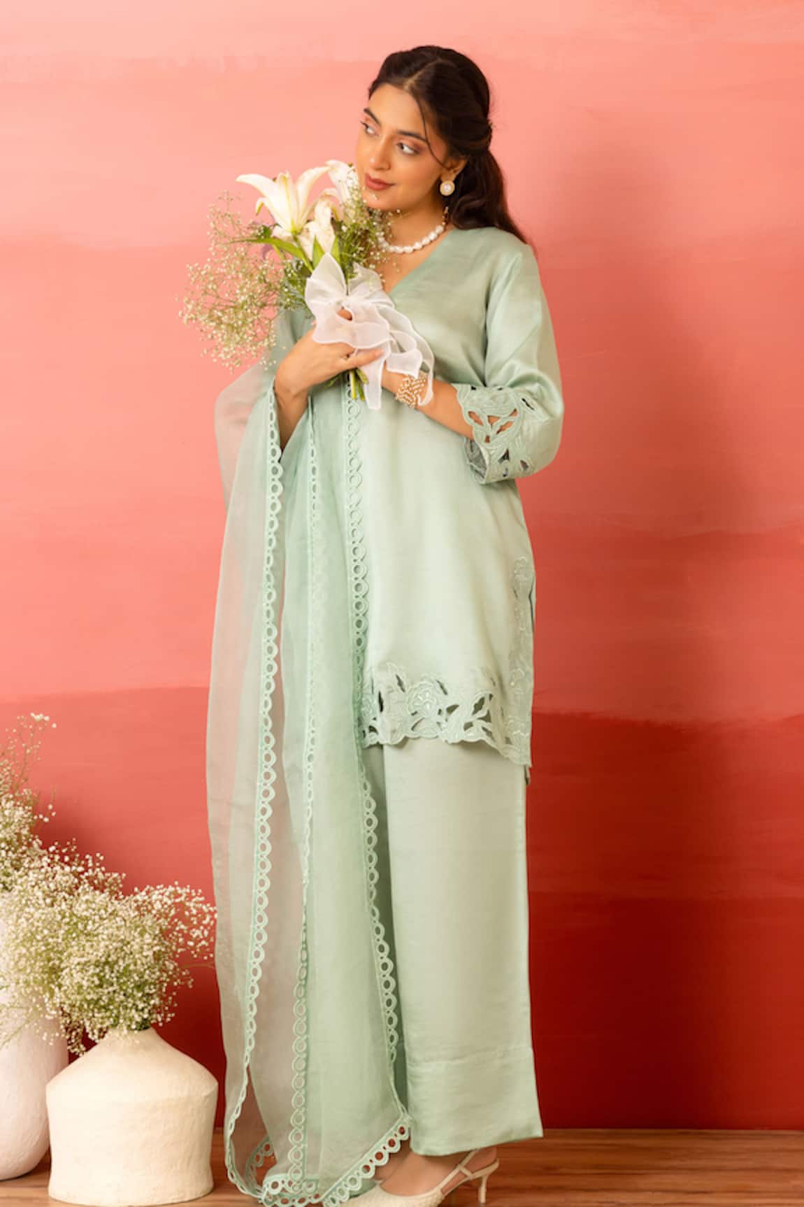 Charu Makkar Sage Green Linen Satin Kurta Set 