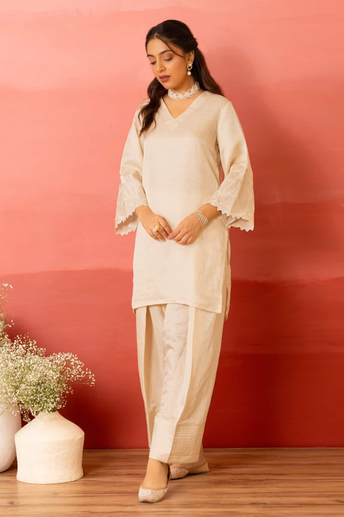Charu Makkar Designer Pearl White Kurta Pant Set 