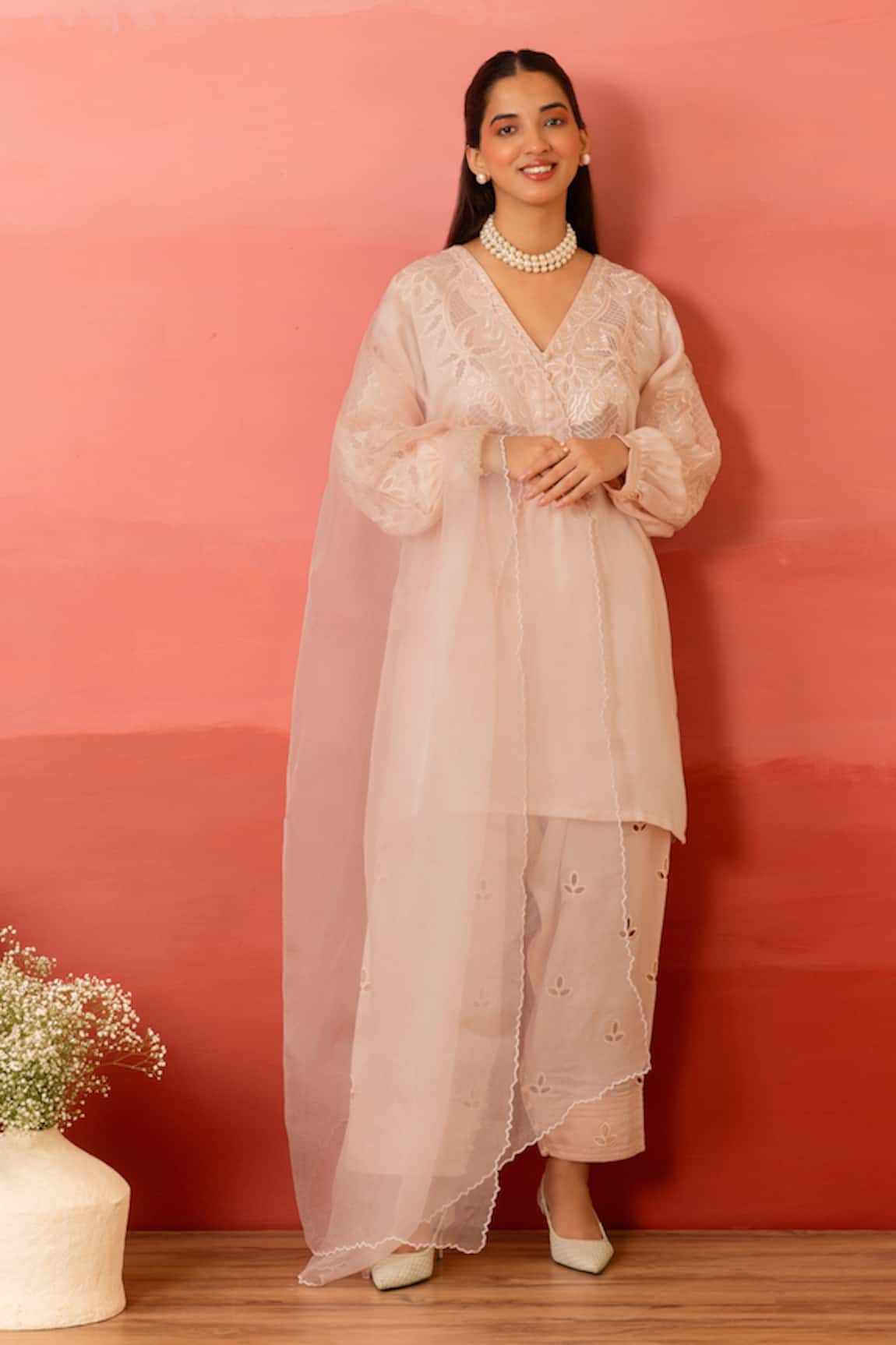 Charu Makkar Peach Floral Embroidered Kurta Set 