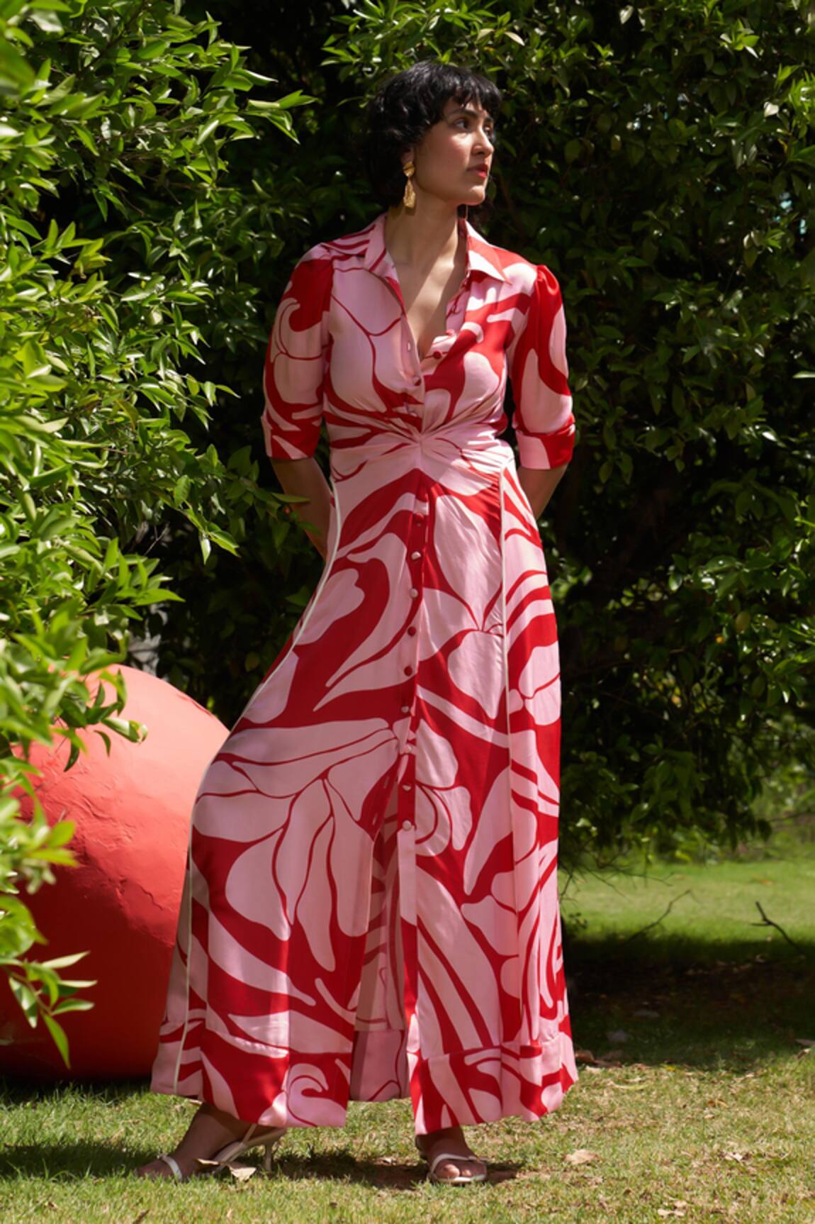 Zwaan Red and Pink Print Linen Satin Dress 