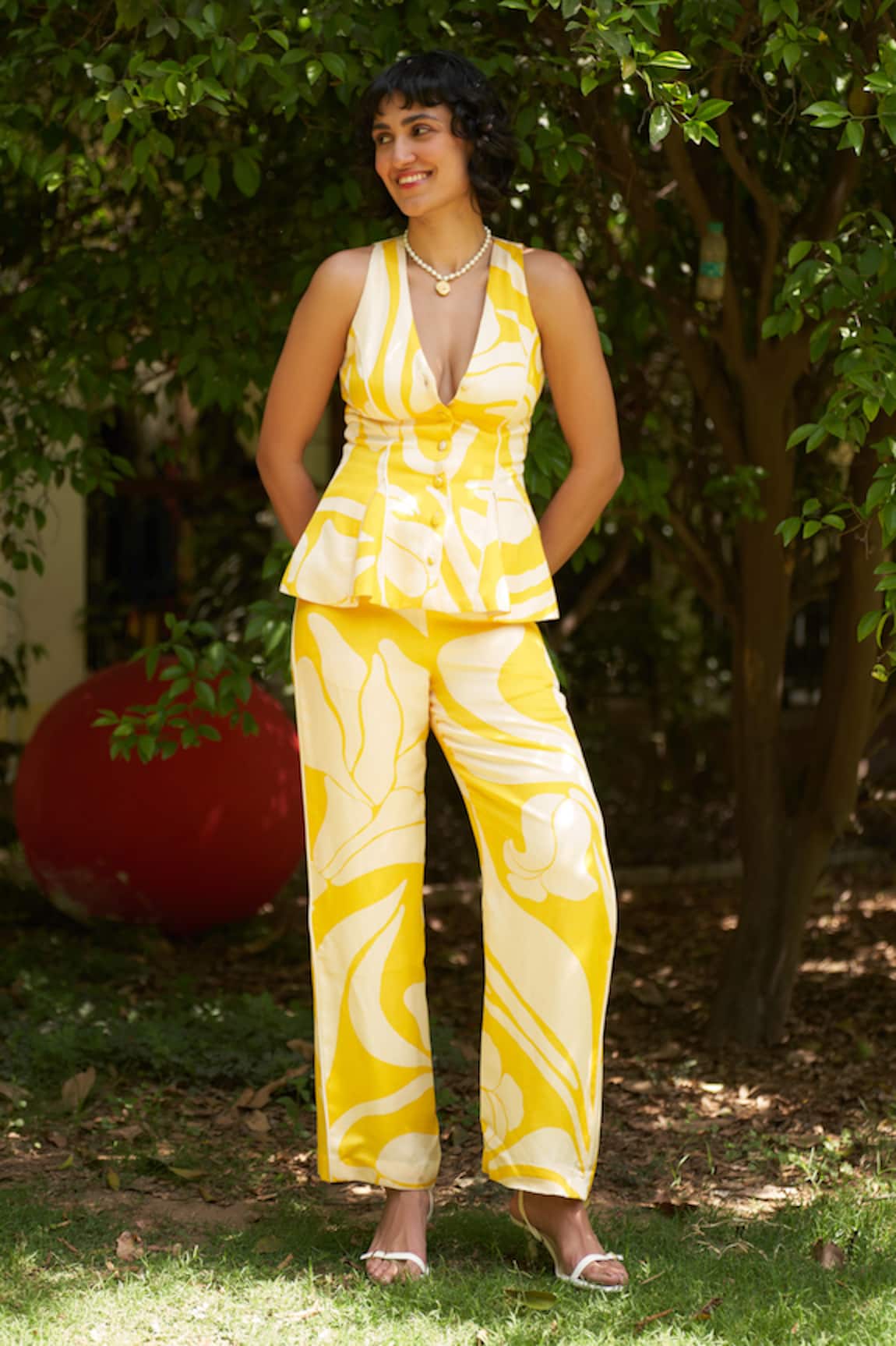 Zwaan Yellow Floral Peplum Top & Straight Pant Set 