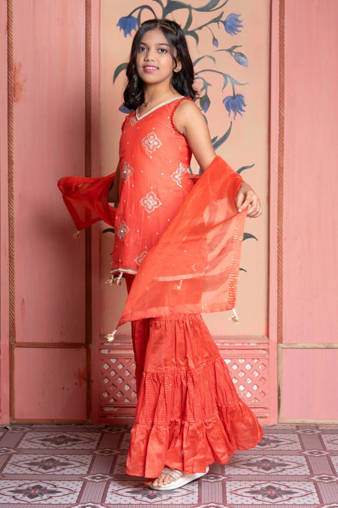 Kirti Agarwal - Pret N Couture Orange Chanderi Embroidered Kurta Sharara Set 