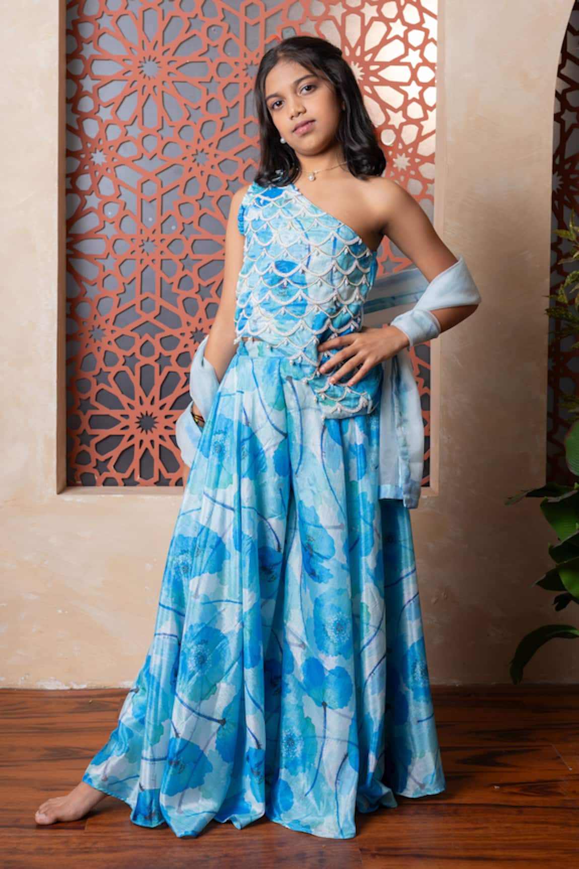 Kirti Agarwal - Pret N Couture Ocean Blue Printed Lehenga Set 