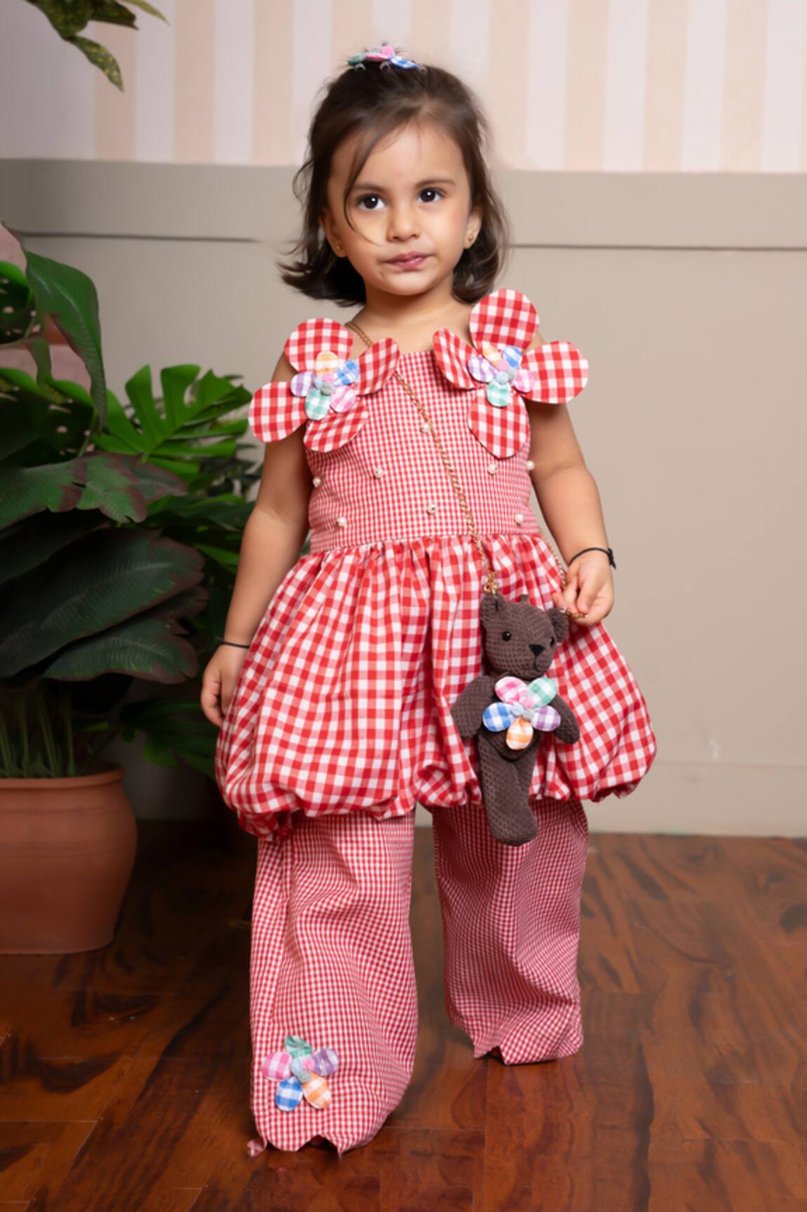 Kirti Agarwal - Pret N Couture Red Gingham Peplum Top & Pant Set 