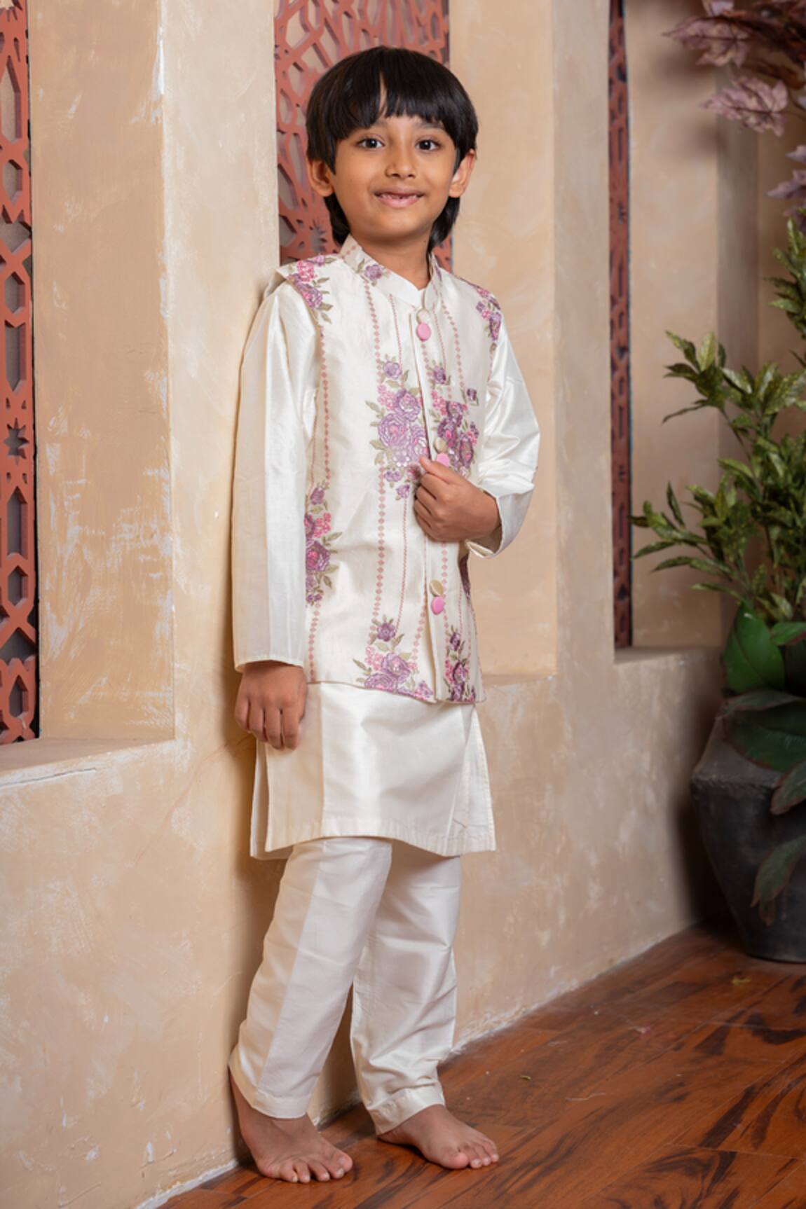 Kirti Agarwal - Pret N Couture Ivory Silk Kurta Set with Nehru Jacket 