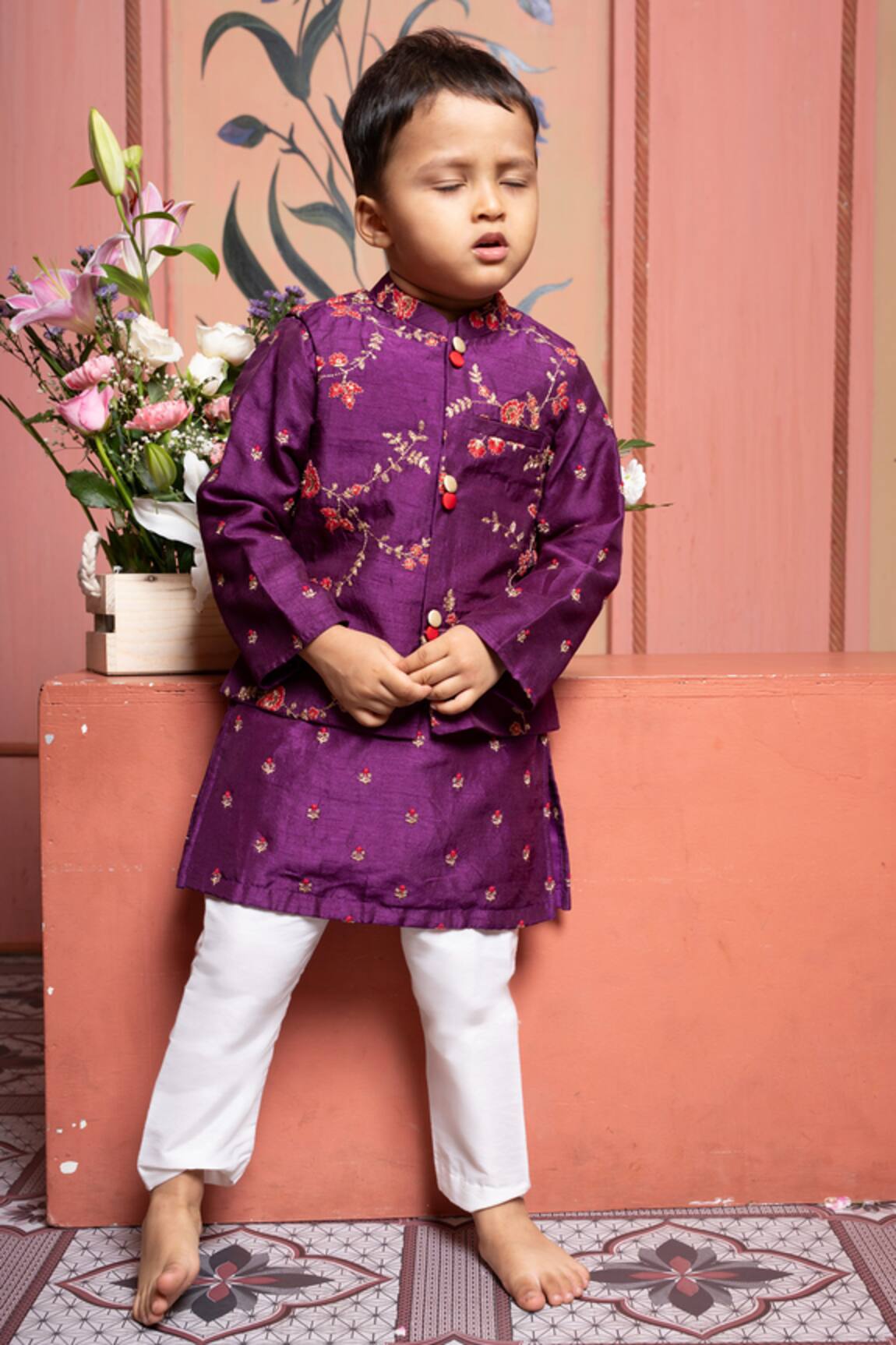 Kirti Agarwal - Pret N Couture Purple Embroidered Bundi Kurta Set 