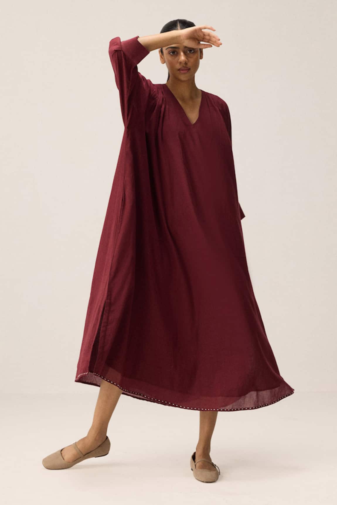 Kharakapas Maroon Cotton Mul Louis Dress 