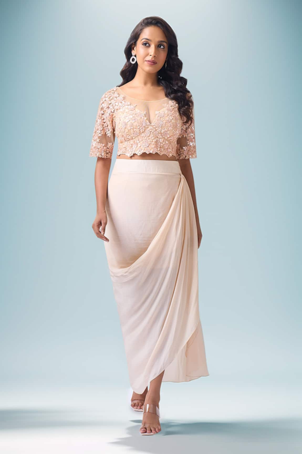 Neha Mehta Couture Hand Embroidered Blouse & Draped Skirt Set 
